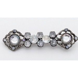 Aurora Borealis Clear Rhinestone Bar Brooch Pin Ornate Gunmetal Tone Vintage